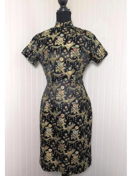 dynasty Dresses & Skirts - Vintage 50/60's DYNASTY Hong Kong  Black Brocade Cheongsam Floral Dress Size 10